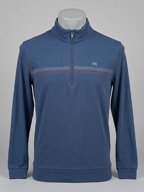 Travis Mathew Mens Large 1/4 Zip Pullover Blue Striped Performance Layer Golf
